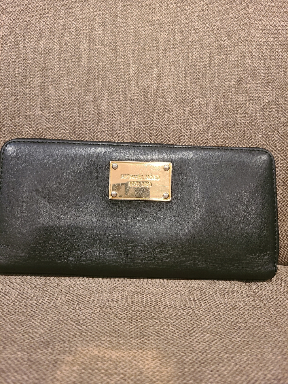 Michael Kors Black Leather Zip Wallet with Gold Plate